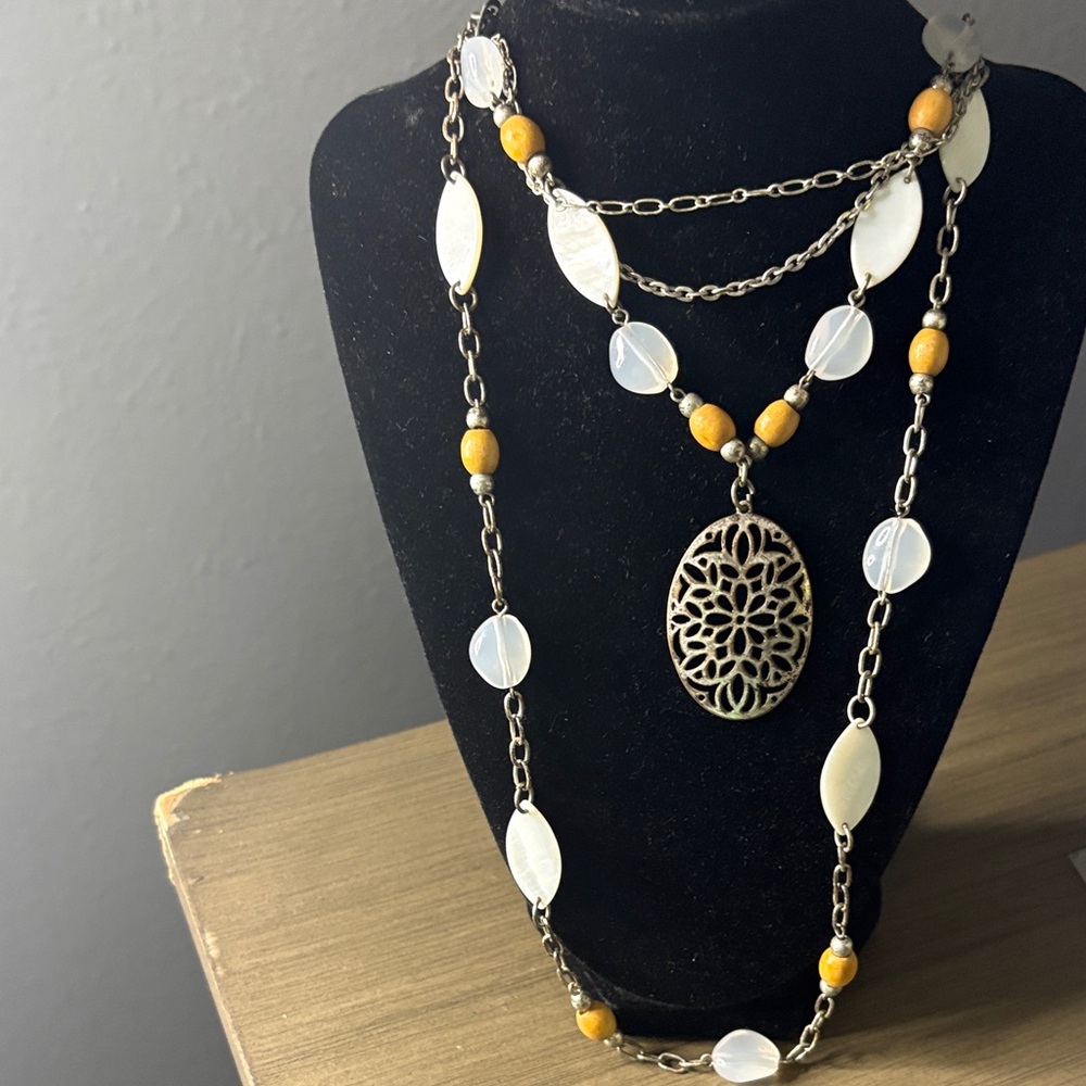 Elegant Multi-Strand White and Yellow Pendant Necklace